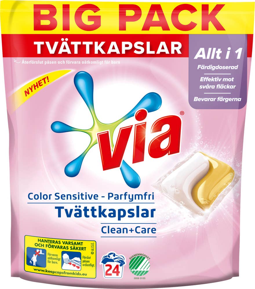Via Tvättmedel Kapslar Color Sensitive Parfymfri 24-p Via
