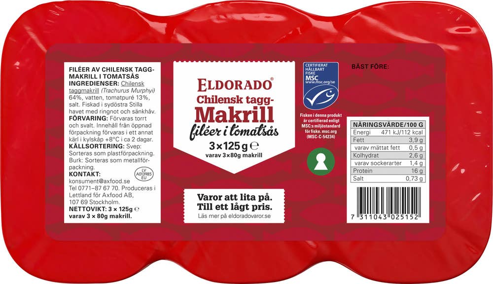 Eldorado Makrillfiléer i Tomatsås MSC 3-p