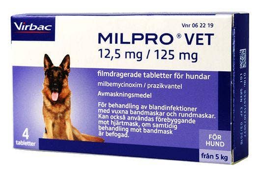 Milpro vet 12,5 mg/125 mg, Milbemycinoxim/Prazikvantel, filmdragerad tablett, 4 st