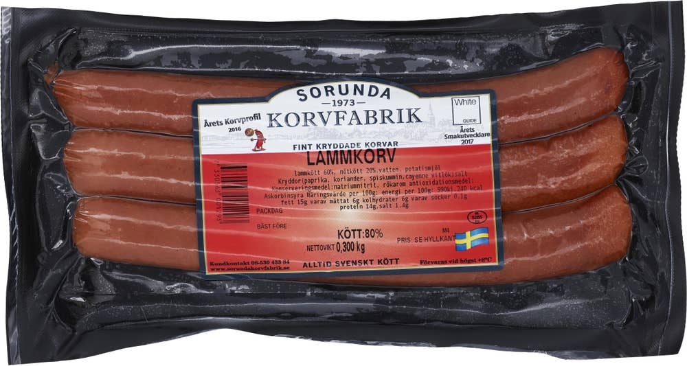 Sorunda korvfabrik Lammkorv Kötthalt 80% 3-p