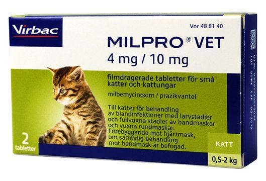Milpro vet 4 mg/10 mg, Milbemycinoxim/Prazikvantel, filmdragerad tablett, 2 st
