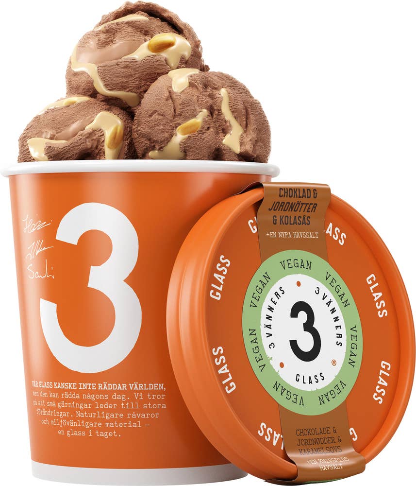 3 Vänner Glass Choklad, Nötter & Kolasås Vegansk 500ml Tre Vänners Glass