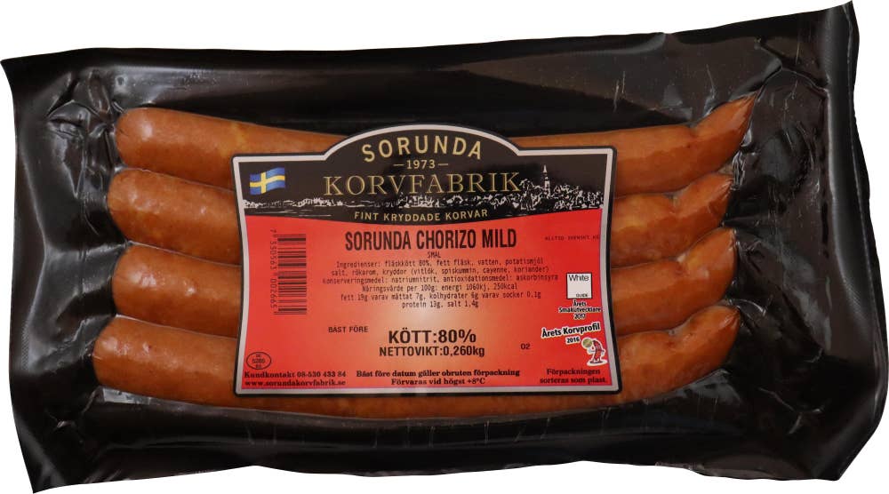 Sorunda korvfabrik Chorizo Mild Smal Kötthalt 80% 4-p