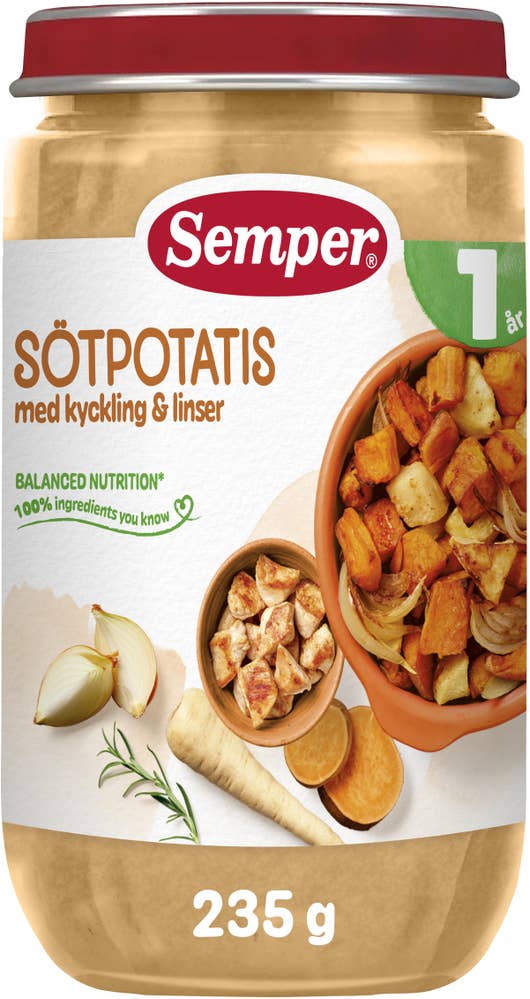 Semper Sötpotatis med Kyckling & Linser 12M