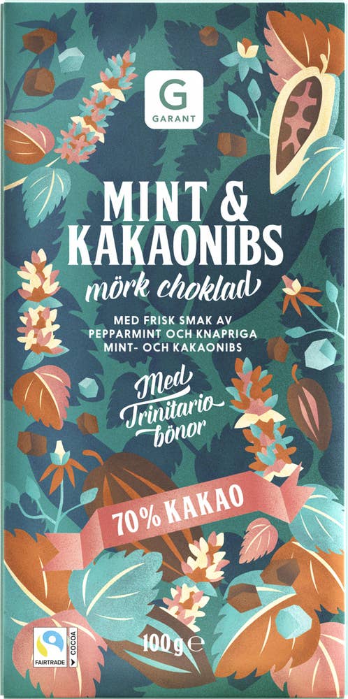Garant Mörk Choklad 70% Mint & Kakaonibs Fairtrade
