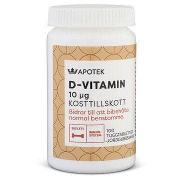 Kronans Apotek D-vitamin 10 ug, Tuggtabletter med jordgubbsmak 100 st