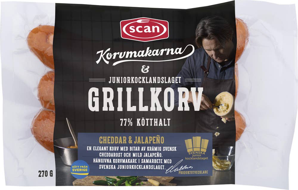 Scan Grillkorv Cheddar & Jalapeno Kötthalt 77% 3-p