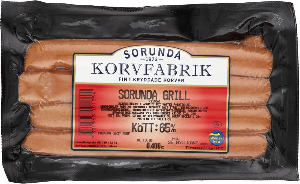 Sorunda korvfabrik Grillkorv Kötthalt 65% 8-p