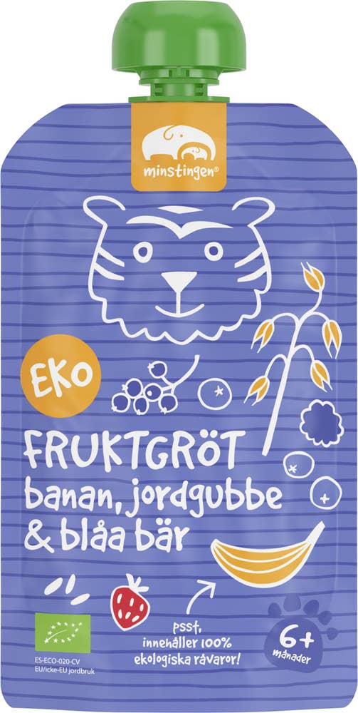 Minstingen Klämmis Fruktgröt Banan, Jordgubbe & Blåa Bär +6M EKO