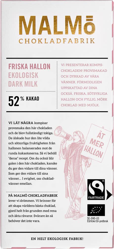 Malmö Chokladfabrik Choklad Friska Hallon 52% EKO/Fairtrade