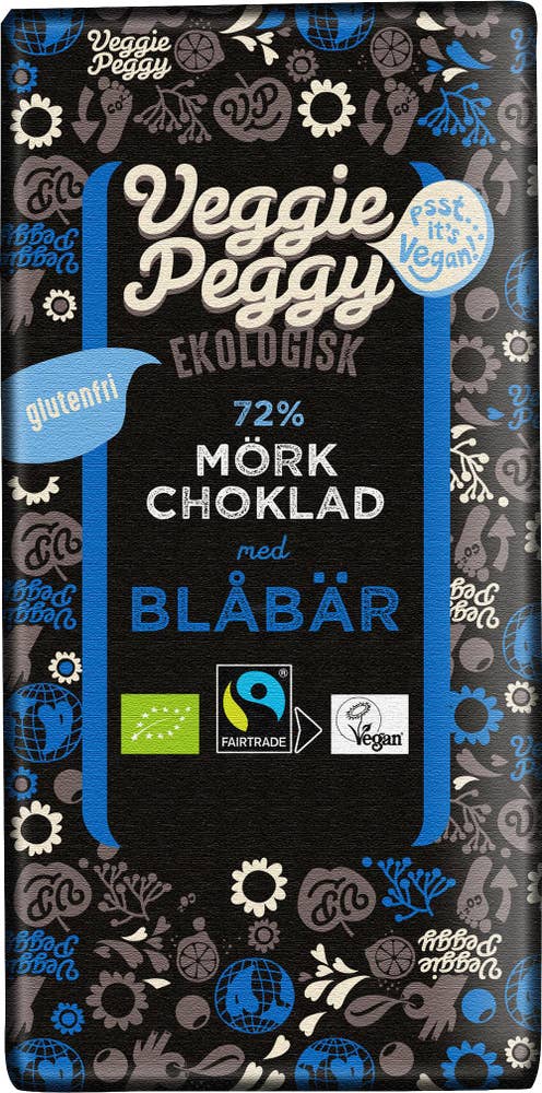 Veggie Peggy Vegansk Mörk Choklad 72% med Blåbär EKO/Fairtrade