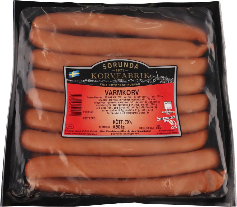 Sorunda korvfabrik Varmkorv Kötthalt 70% 16-p