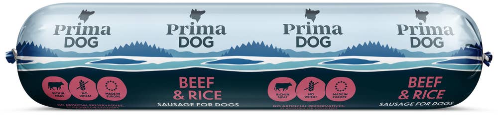 PrimaDog Våtfoder Köttkorv Nöt & Ris