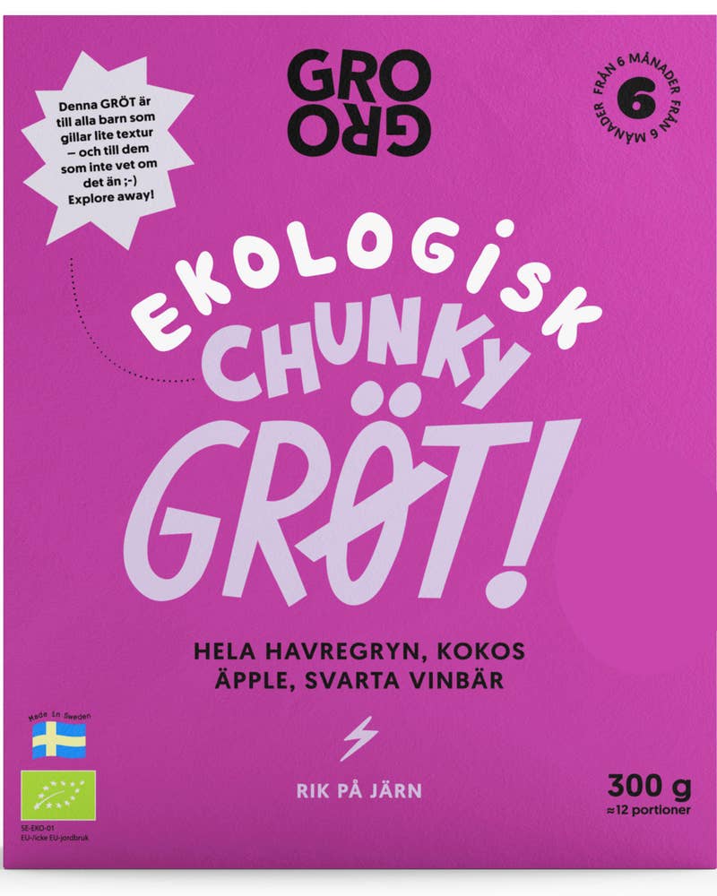 GroGro Chunky Gröt med Kokos, Äpple & Svarta Vinbär 6M EKO