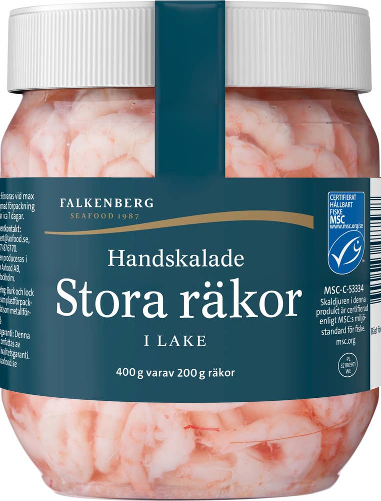 Falkenberg Seafood Stora Räkor Handskalade i Lake MSC 200/400g