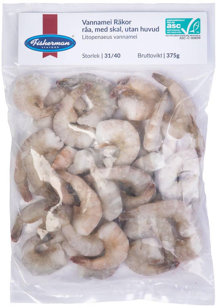 Fisherman Seafood Vannameiräkor med Skal Råa Frysta ASC Fisherman