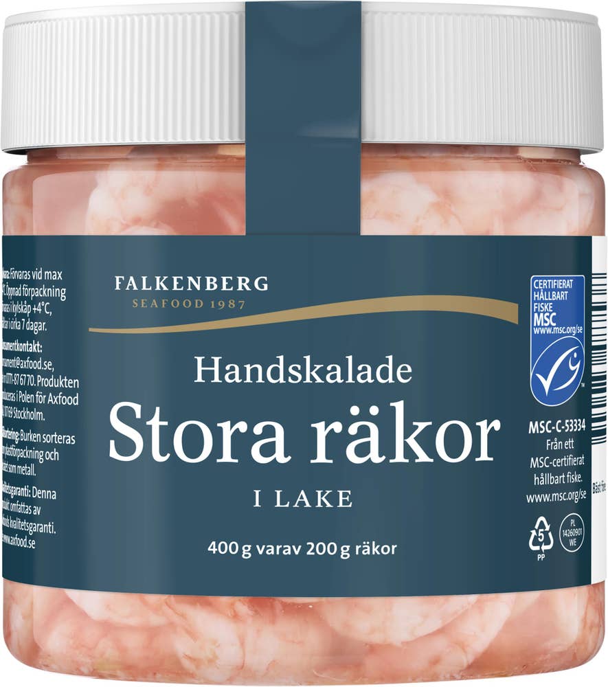 Falkenberg Seafood Stora Räkor Handskalade i Lake MSC 200/400g