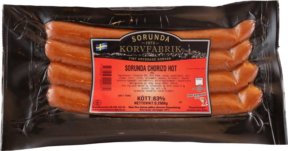 Sorunda korvfabrik Chorizo Hot Smal Kötthalt 83% 4-p