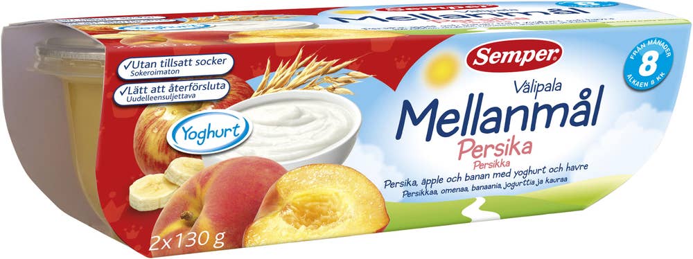 Semper Mellanmål Persika Banan Yoghurt Havre 8M 2x