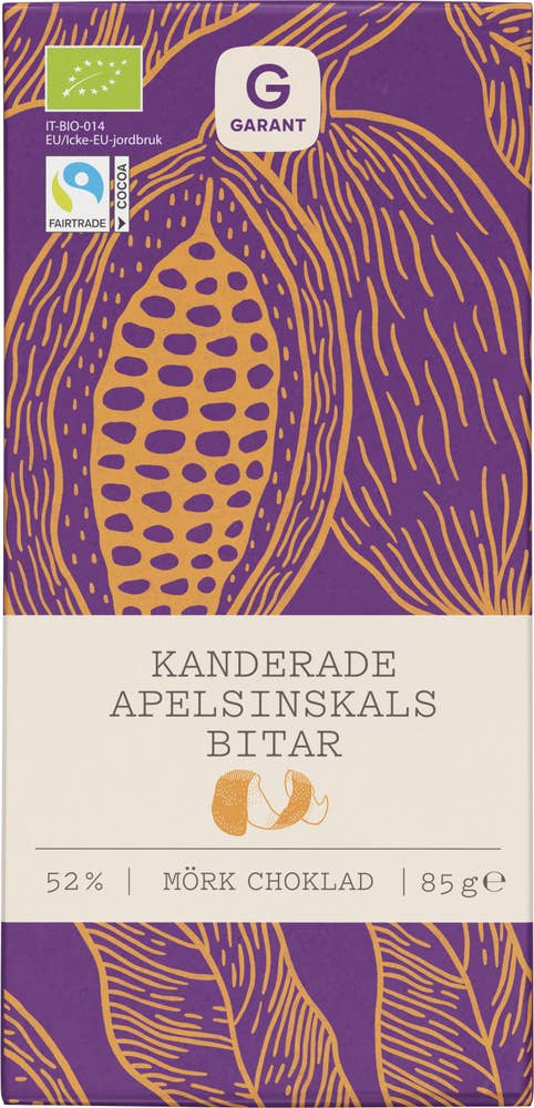 Garant Eko Mörk Choklad med Kanderade Apelsinskalsbitar 52% EKO/Fairtrade