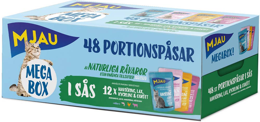 Mjau Kattmat i Sås Oxkött/Kyckling/Fjällröding/Lax 48x85g