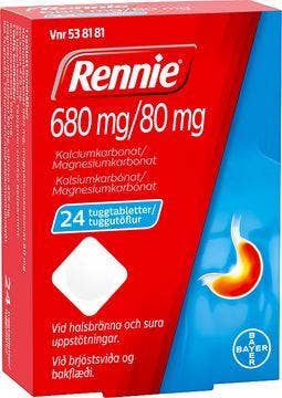 Rennie 680 mg/80 mg, Kalciumkarbonat/Magnesiumkarbonat, tuggtablett, 24 st