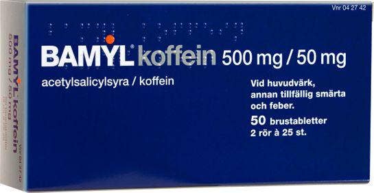Bamyl koffein 500 mg/50 mg, Acetylsalicylsyra/Koffein, brustablett, 2 x 25 st