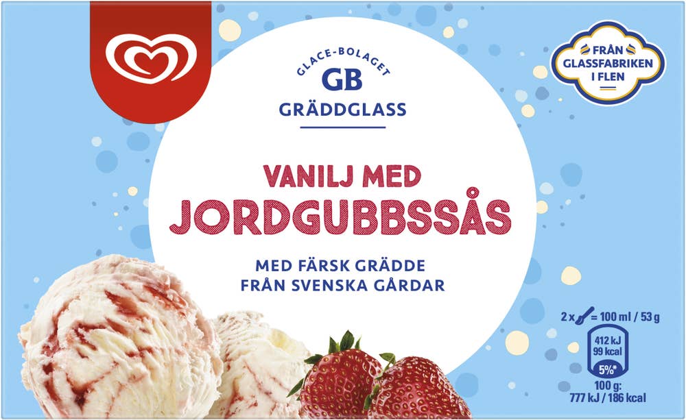 GB Gräddglass Gräddglass Vanilj med Jordgubbssås