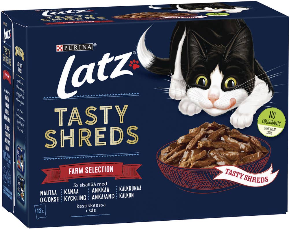 Latz Kattmat Tasty Shreds Oxkött/Kyckling/Anka/Kalkon 12x80g