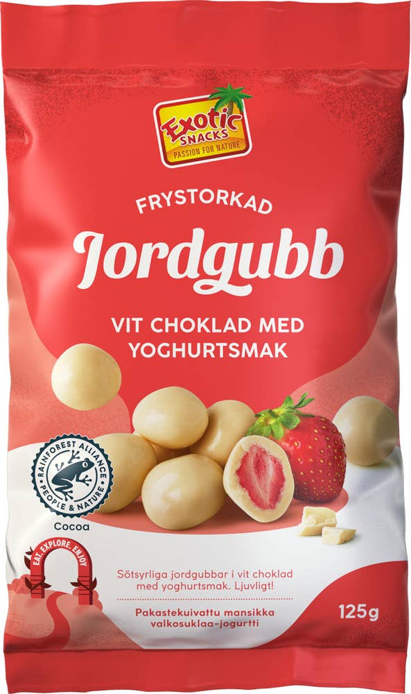 Exotic Snacks Frystorkade Jordgubbar i Vit Choklad med Yoghurtsmak
