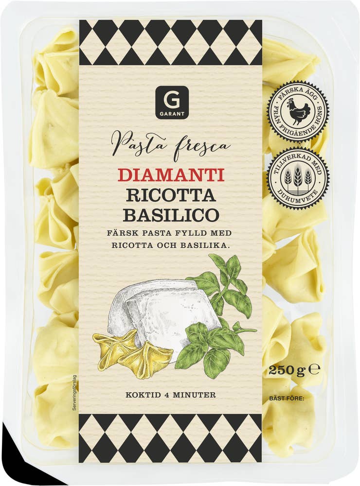 Färsk Pasta Diamanti Ricotta/Basilika