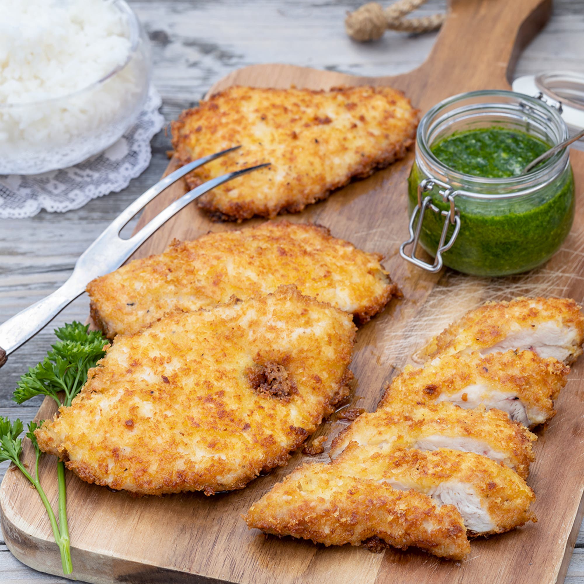 Krispig kyckling med cheddar och chimichurri