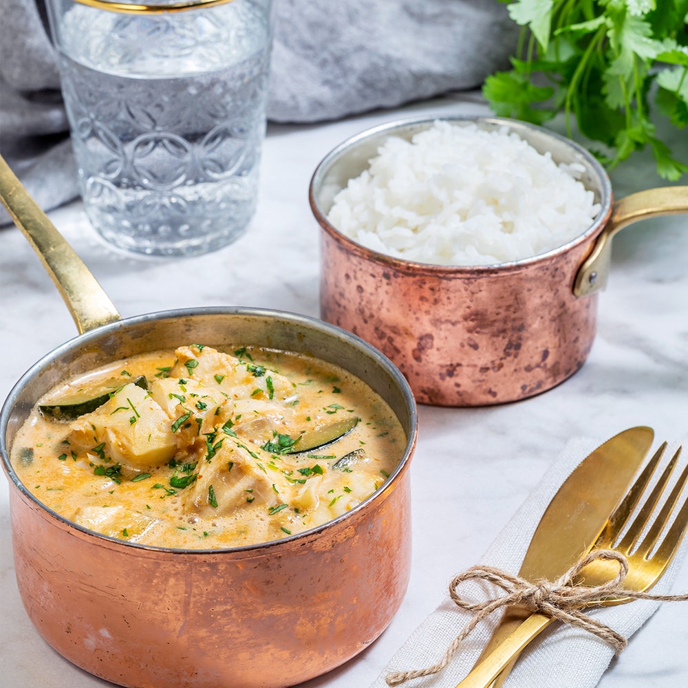 Röd currygryta med limemarinerad torsk