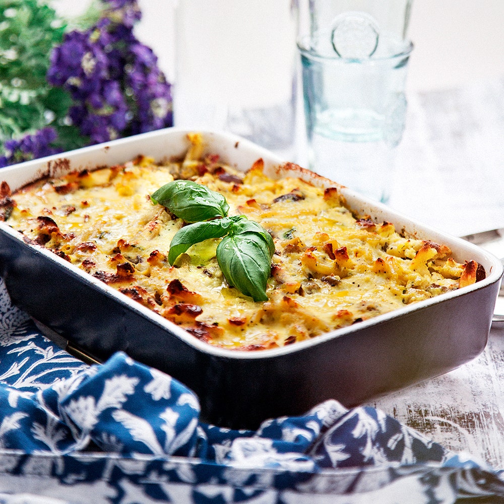 Pastagratäng med bacon, ricotta och zucchini