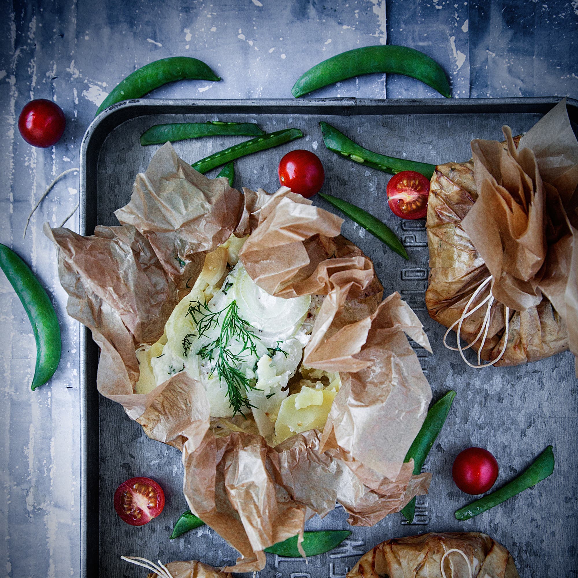 Fiskpaket med potatis, blomkål och grädde