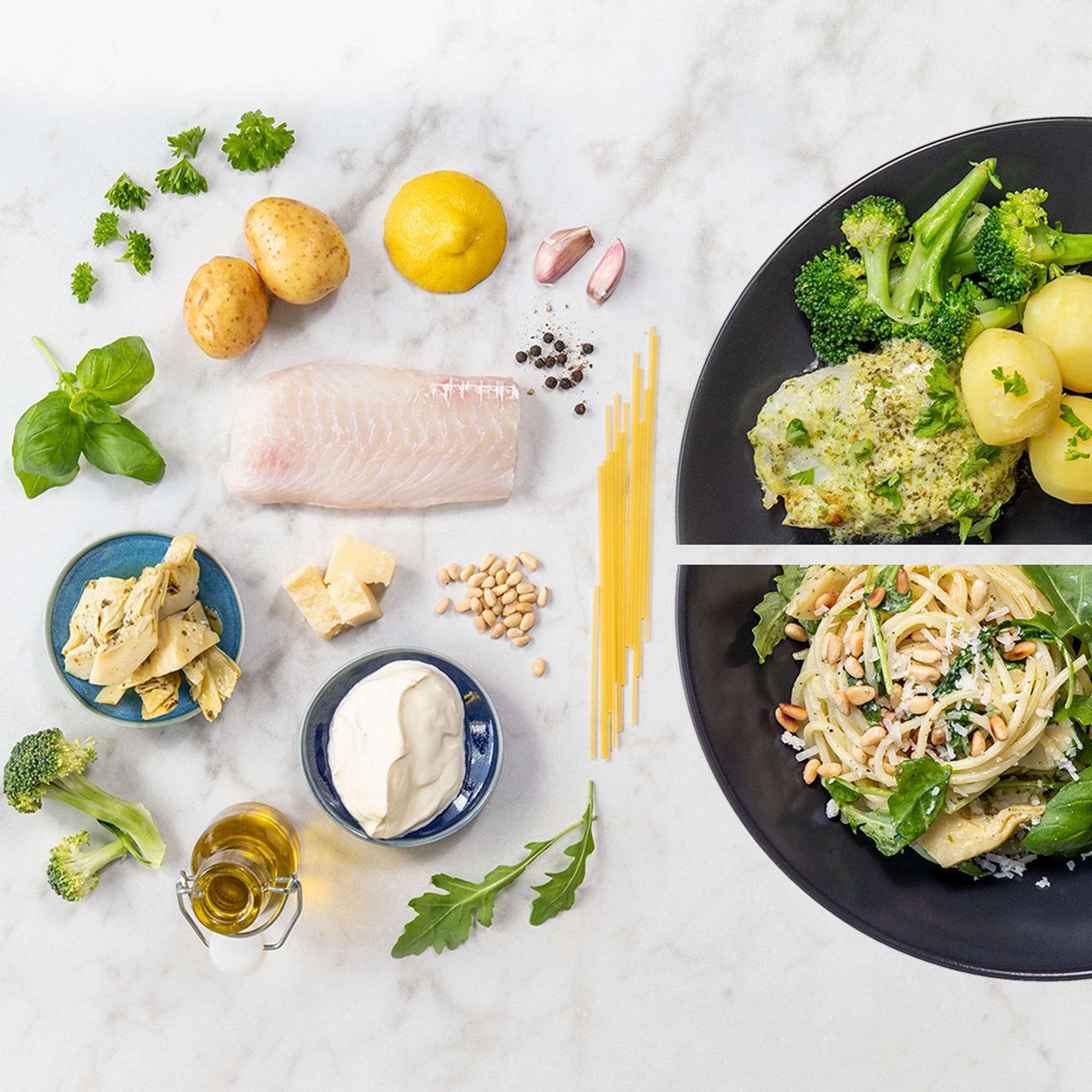 Gremolatabakad torskfilé med kokt potatis + Krämig örtpasta med pinjenötter