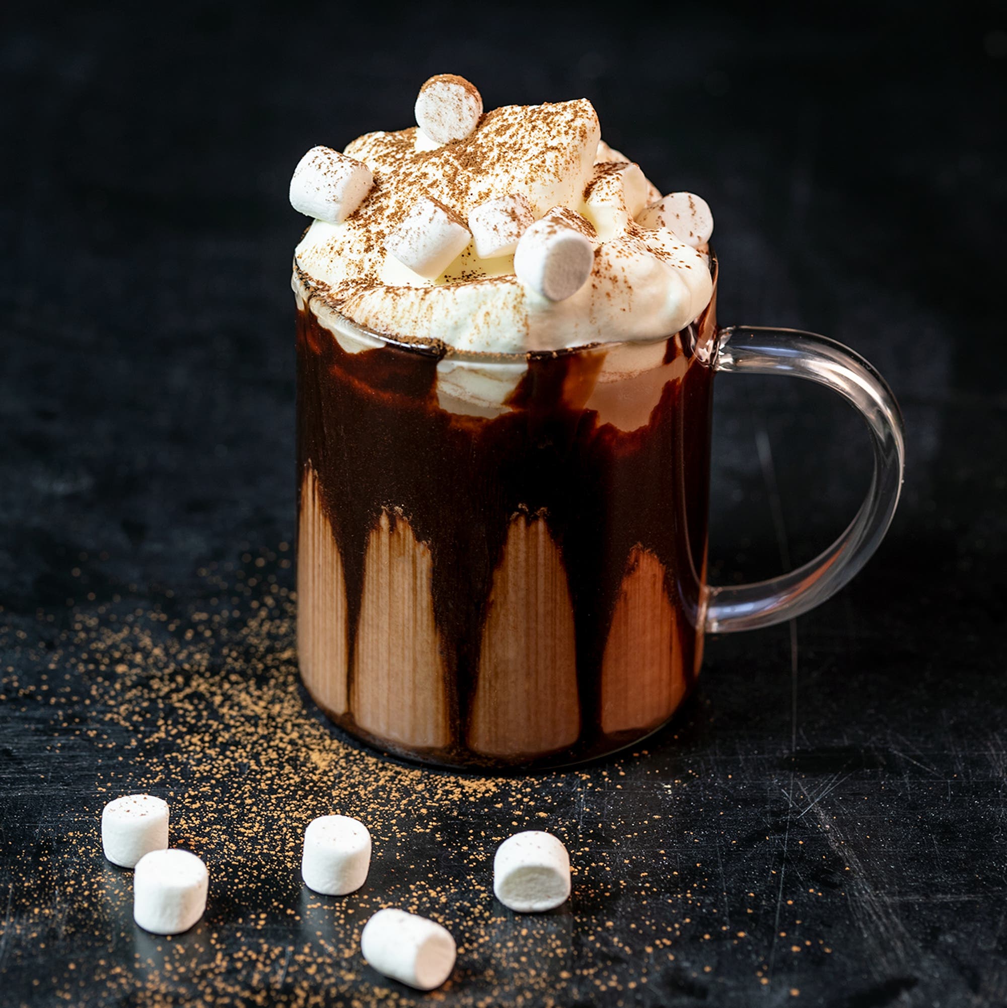 Varm choklad med vispgrädde och minimarshmallows