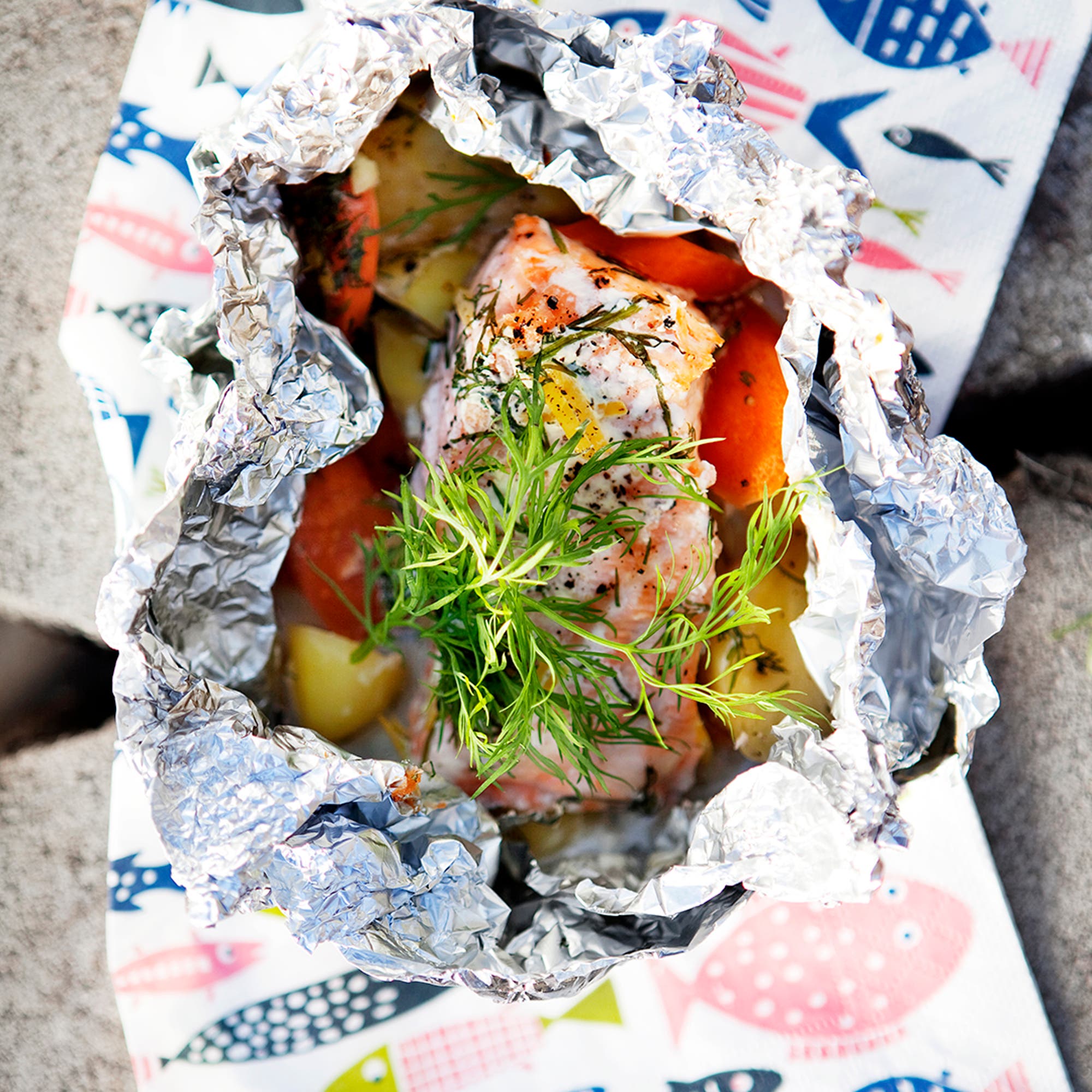 Laxpaket med mandelpotatis