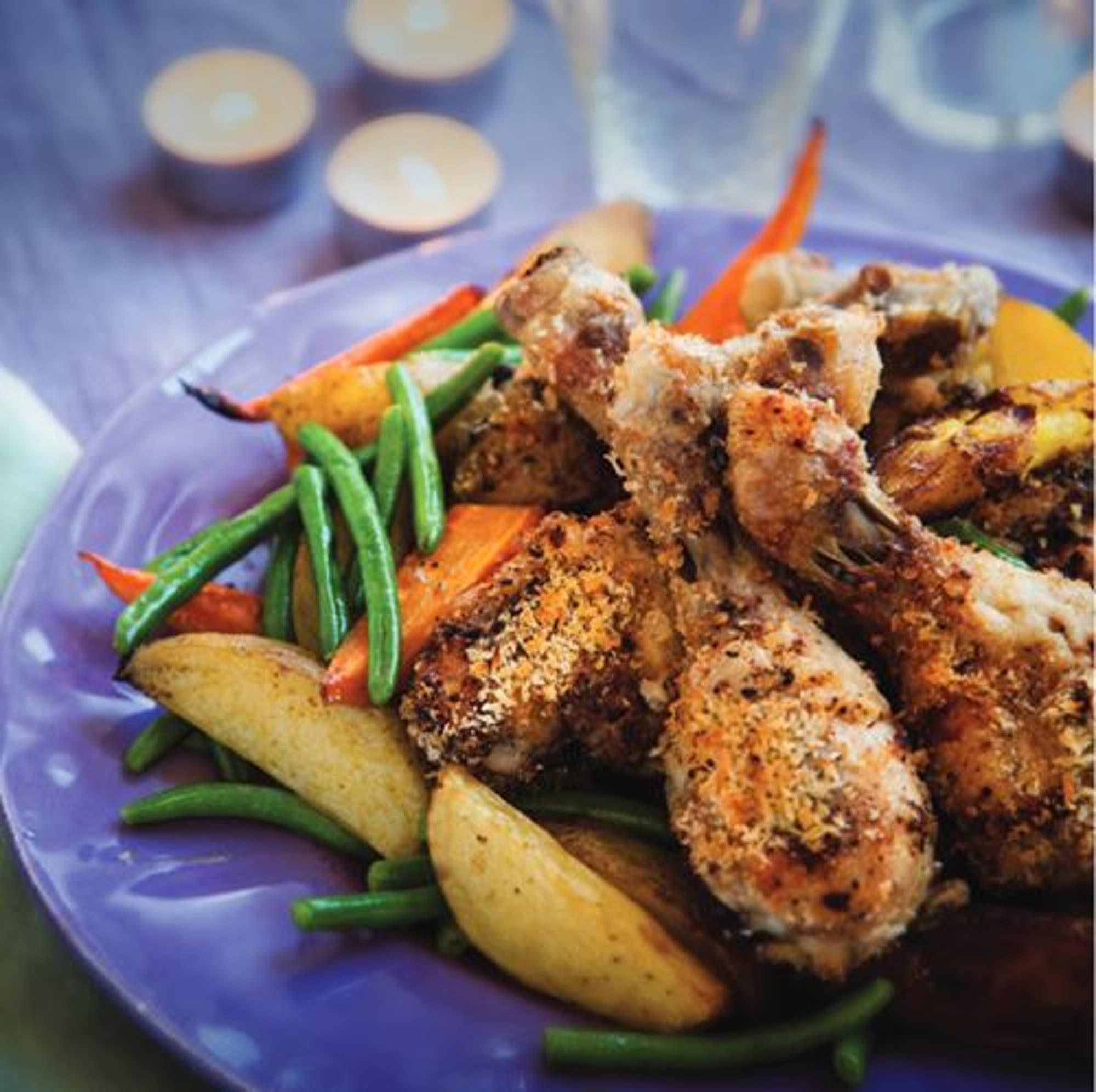 Krispig kyckling med curryrostade rotfrukter och sweet chilisås