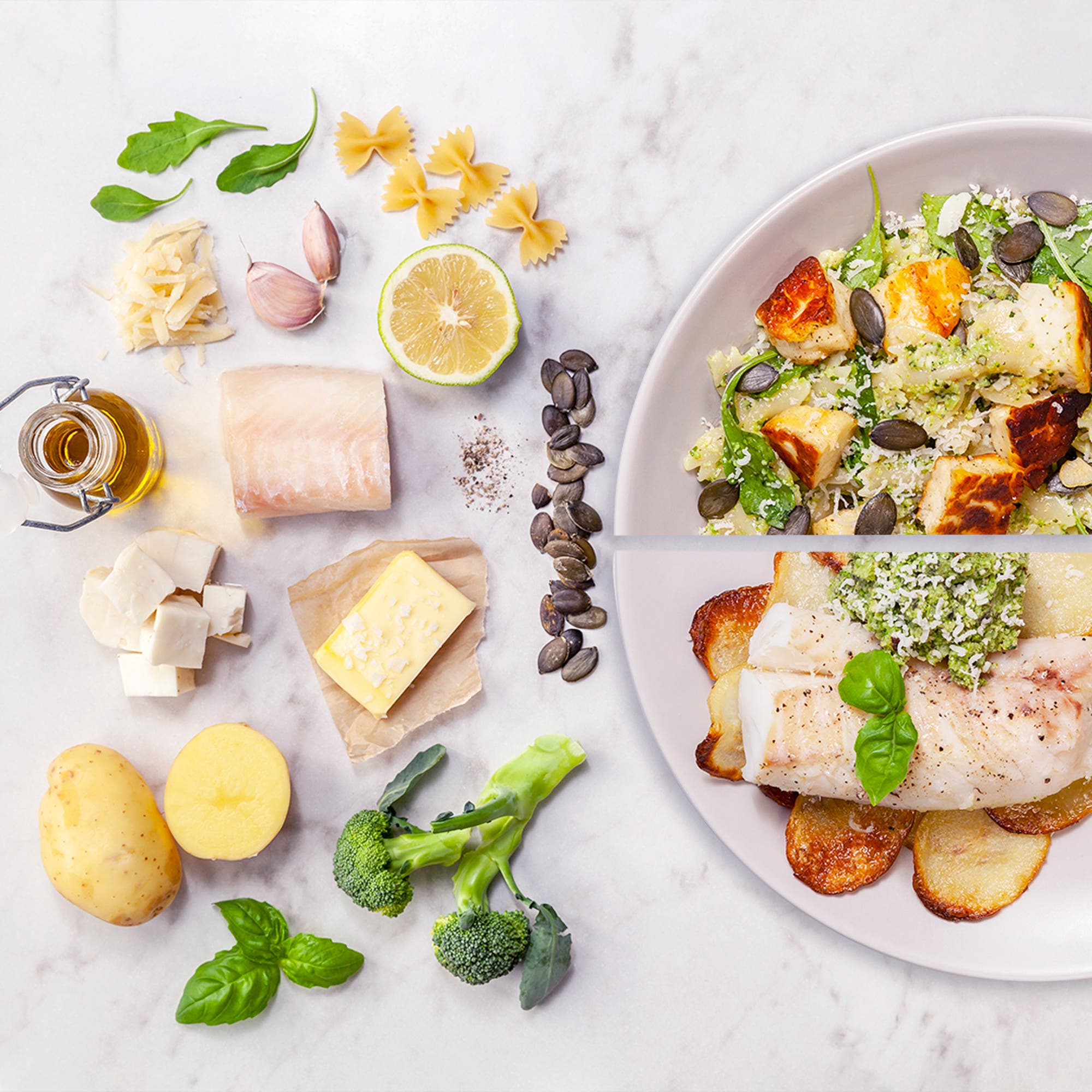 Bakad torskrygg med rostad potatis och broccolipesto + Pasta med broccolipesto och halloumi