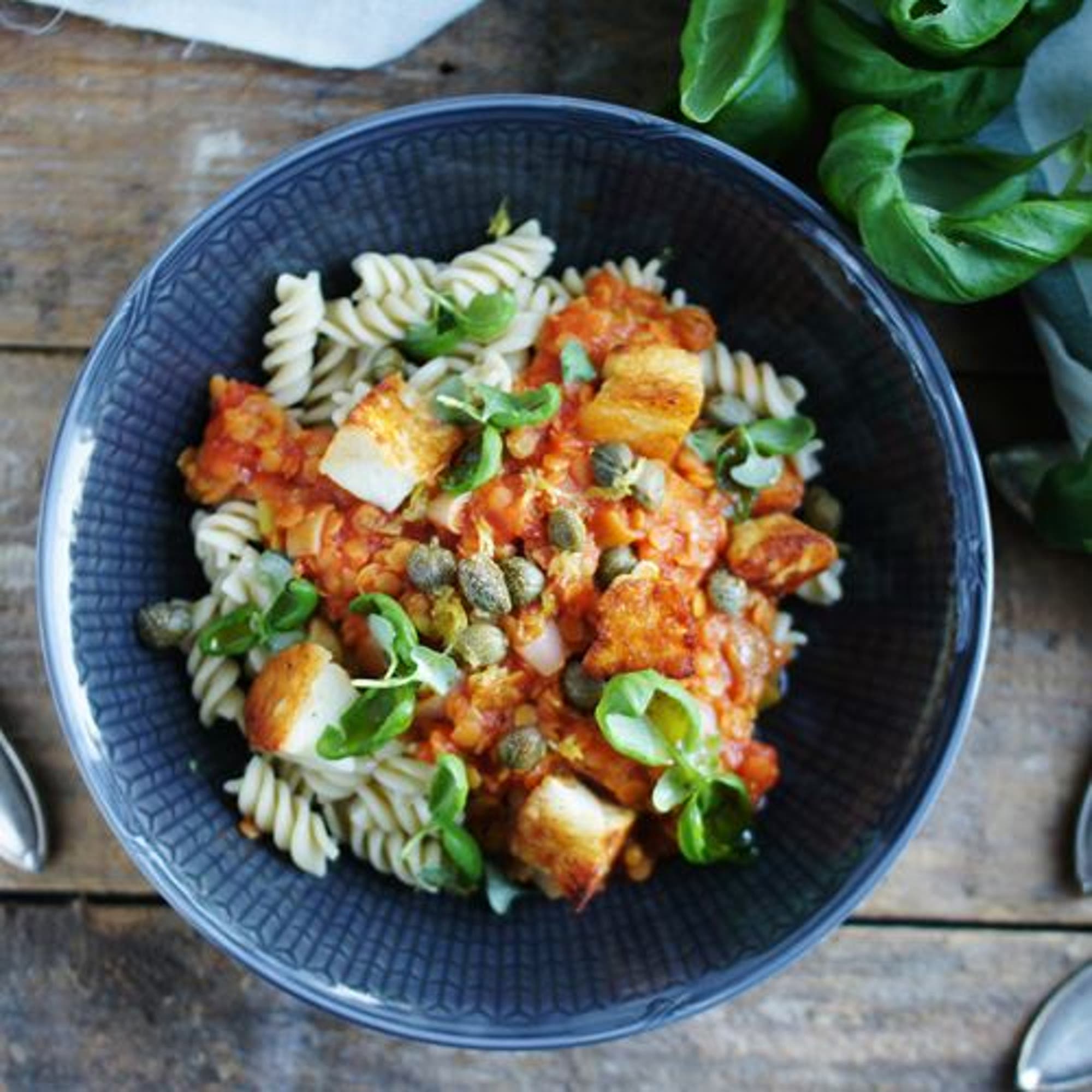 Pasta med citronspetsad tomat- och linssås, basilika och halloumi