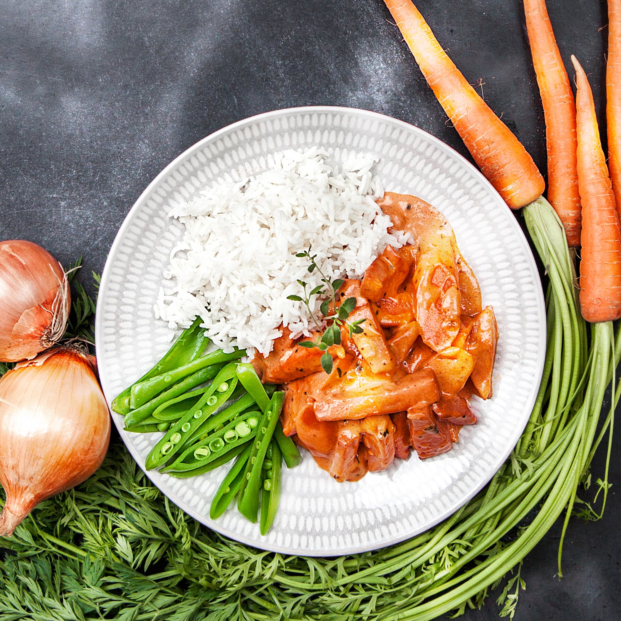 Korv Stroganoff med sugarsnaps