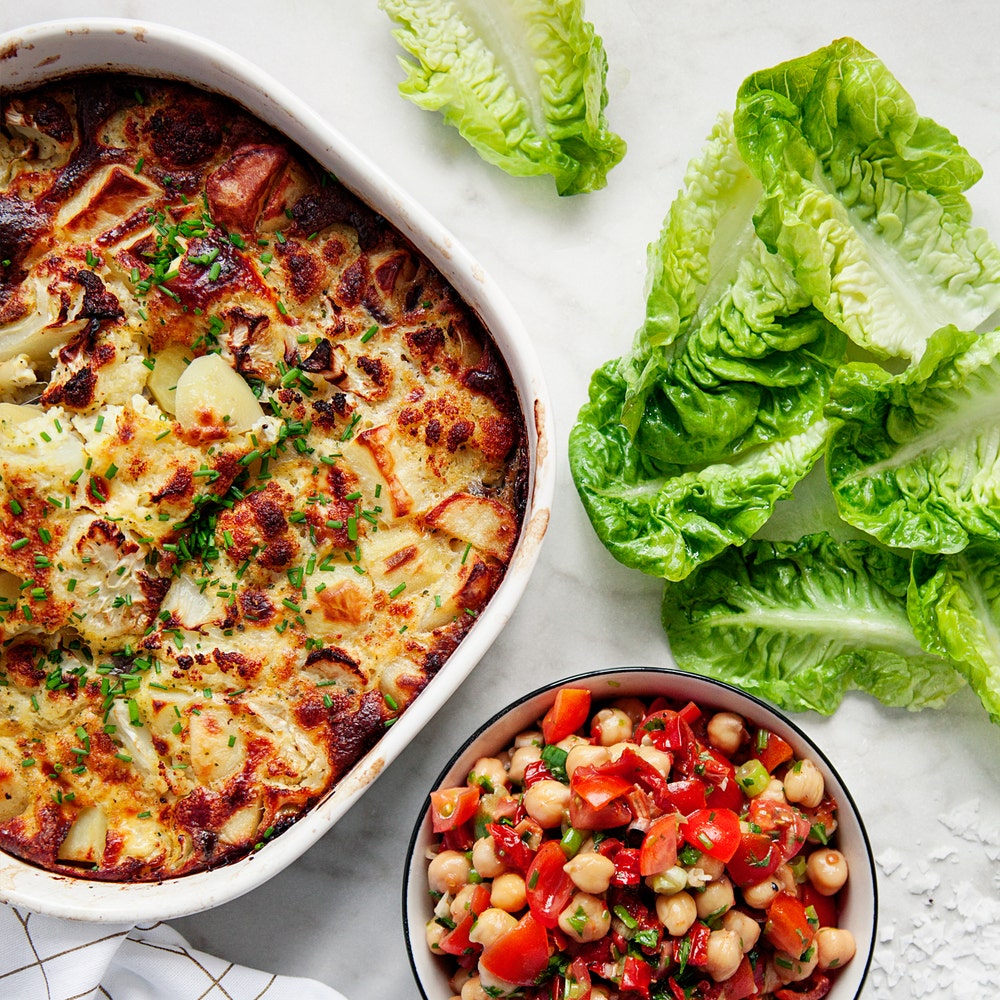 Frittata på blomkål med tomat- och kikärtstopping