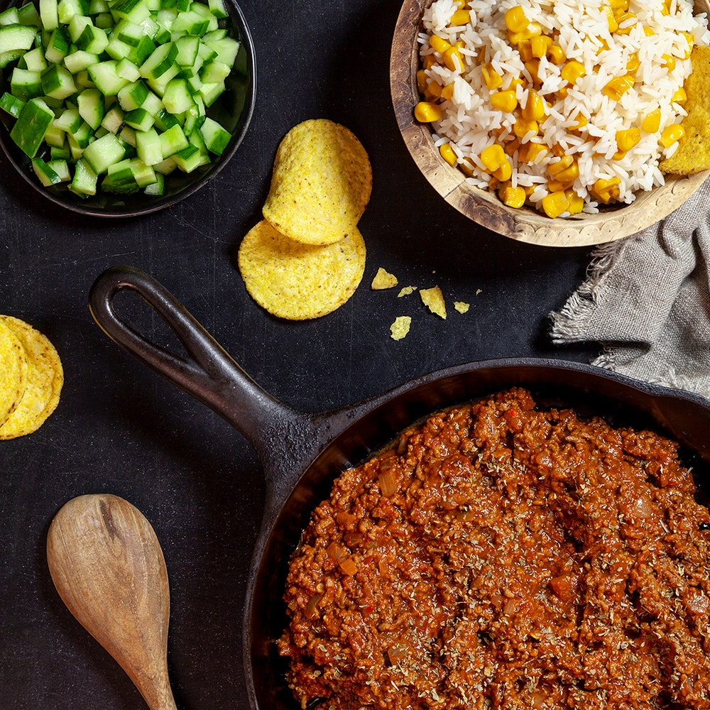 Mexikansk köttfärssås med krispigt majsris och nacho