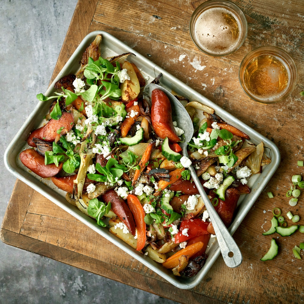 Chorizo och grönsaker på plåt