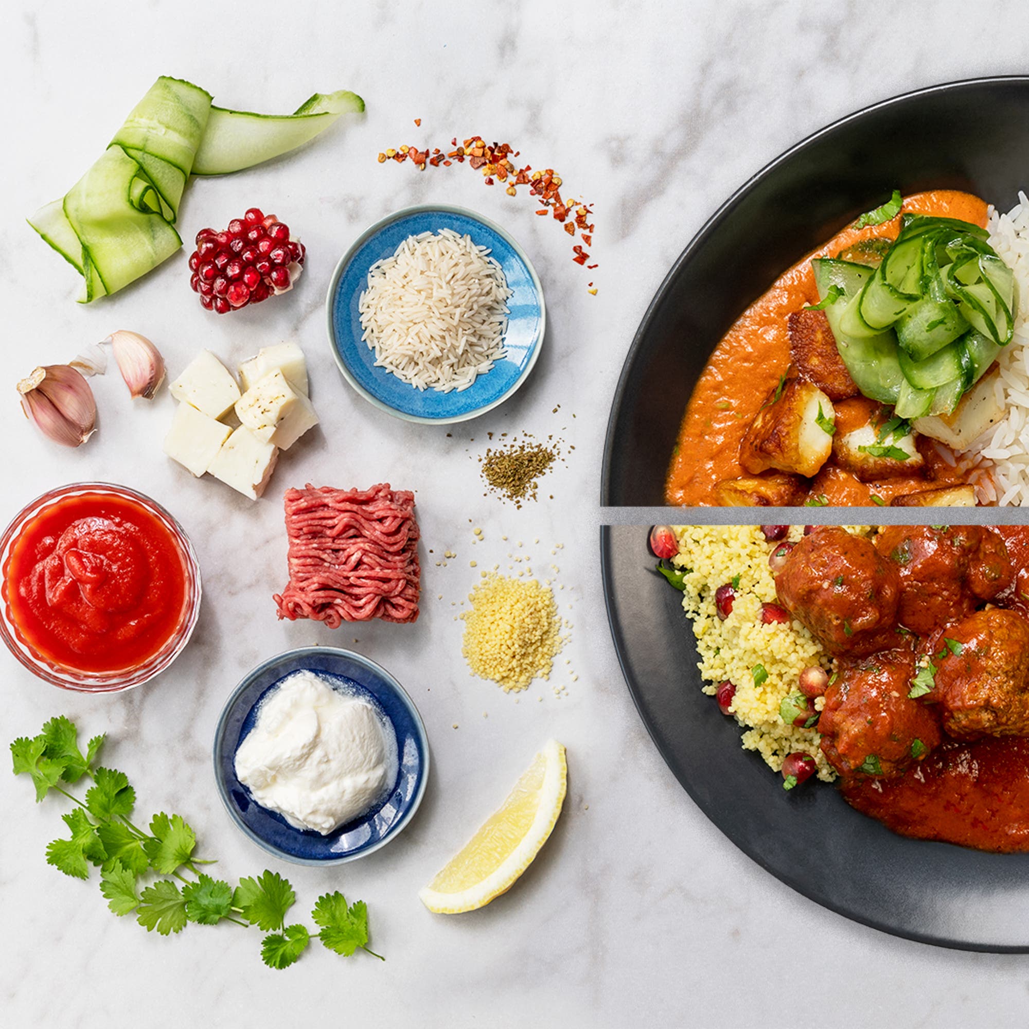 Indiska köttbullar i kryddig tomatsås med couscous + Halloumistroganoff med syrlig gurksallad