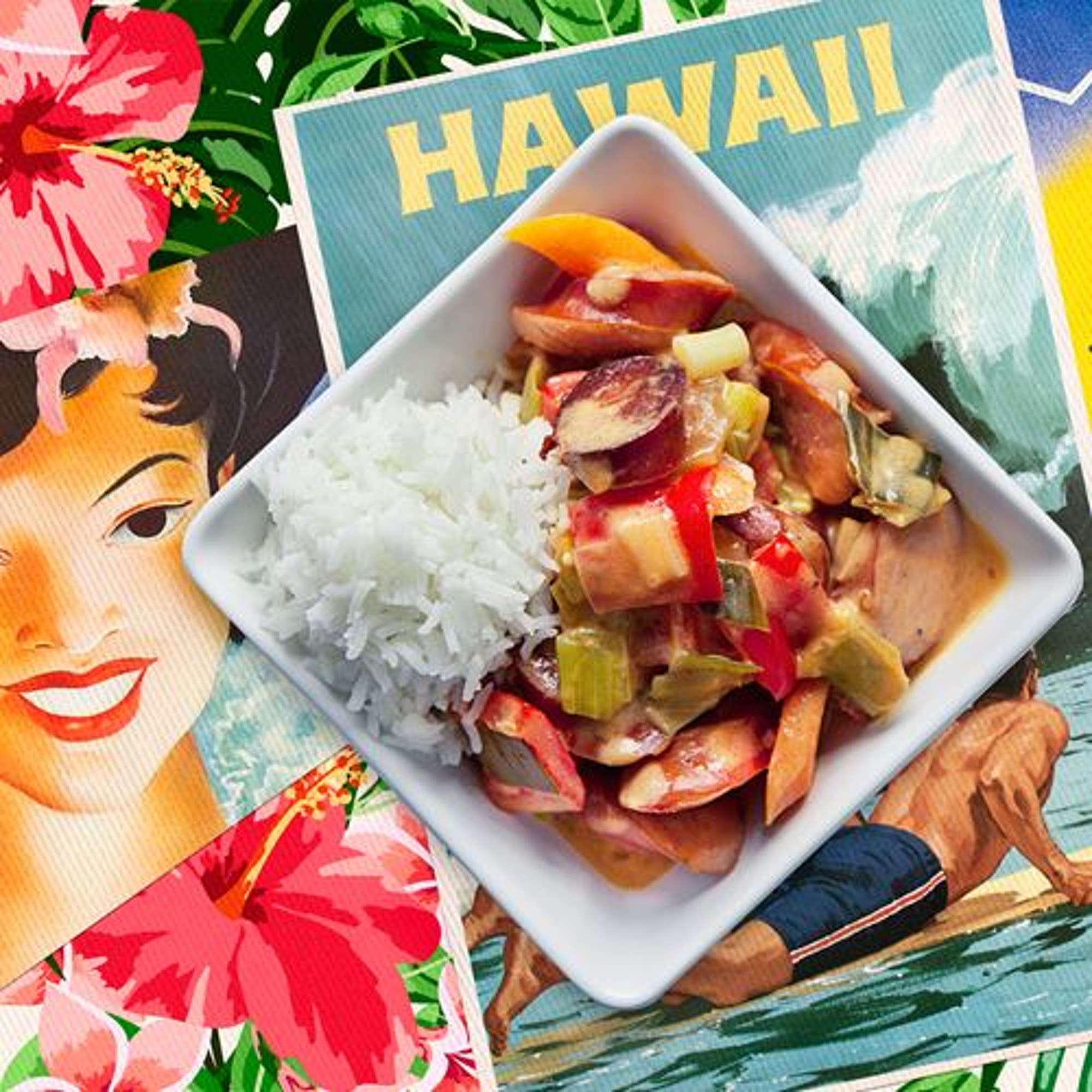 Hawaiigryta med korv och ris