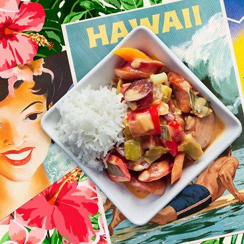 Hawaiigryta med korv och ris