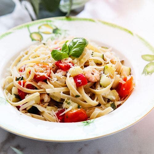 Linguini med räkor och frästa grönsaker