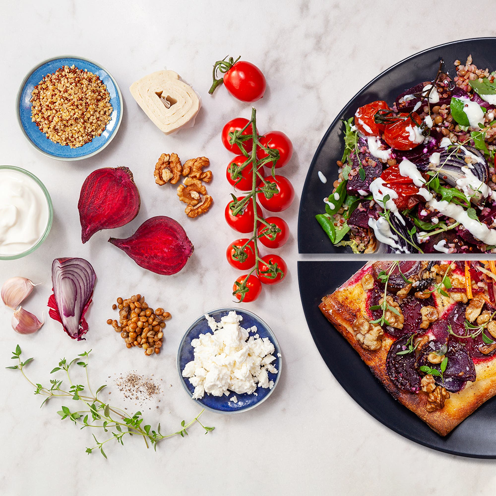 Varm rödbetssallad med fetaostkräm + Pizza bianco med rödbetor och rostade valnötter